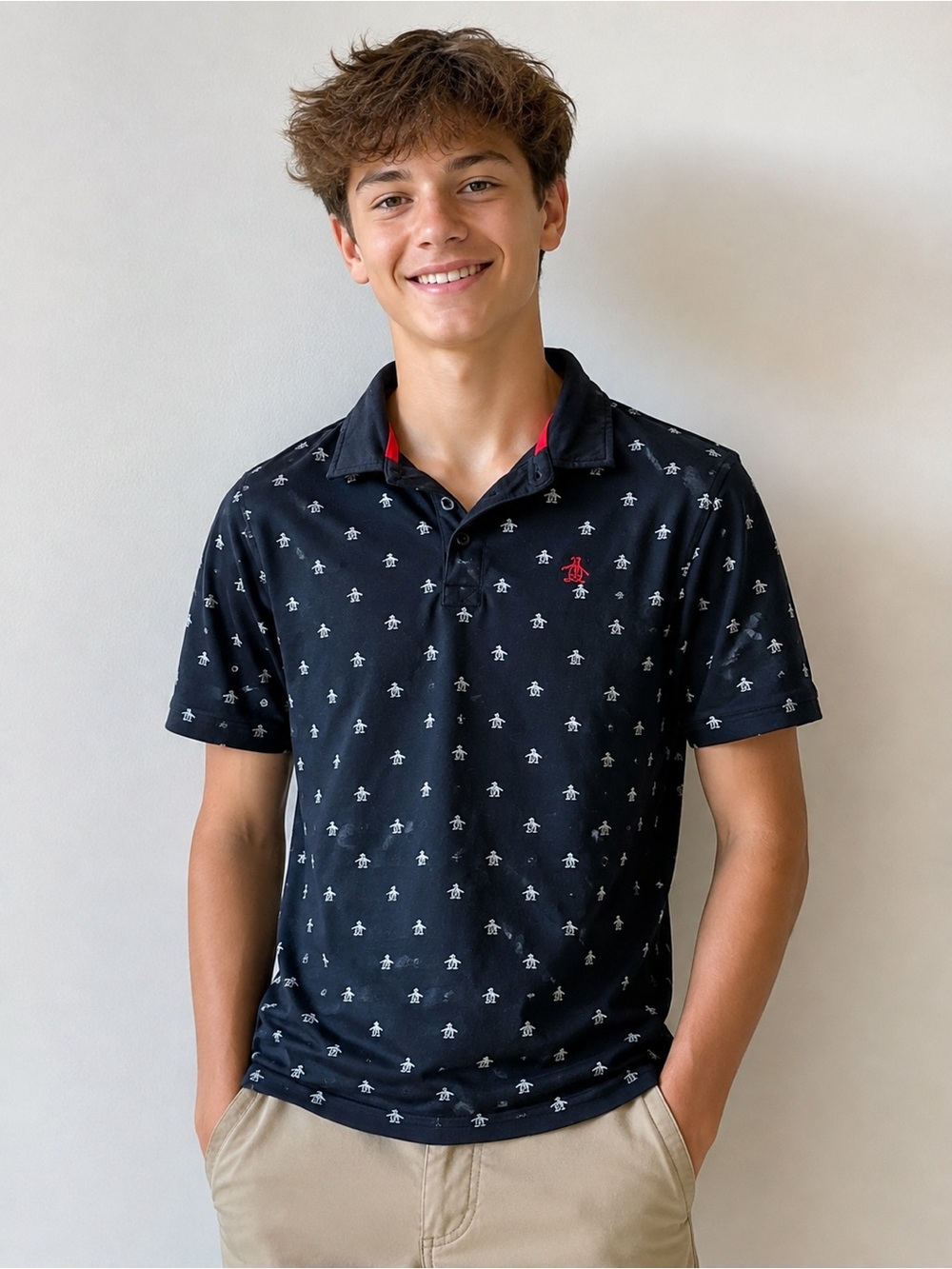 MAKE OFFER! Youth Original Penguin Black Polo with Allover White Penguin Motif L